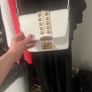 Valentino White Leather Crossbody with Gold Pyramid Stud Detailing